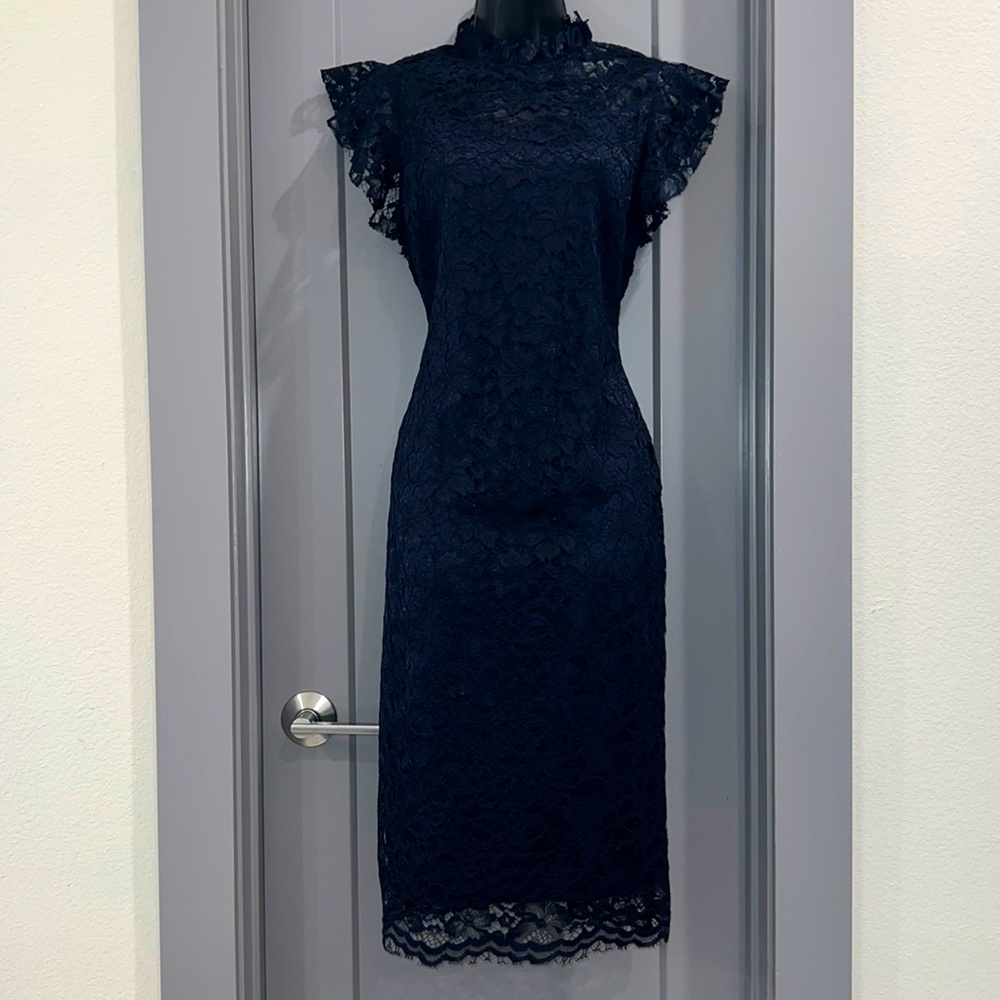 Navy blue lace cap sleeve mid-calf length dress